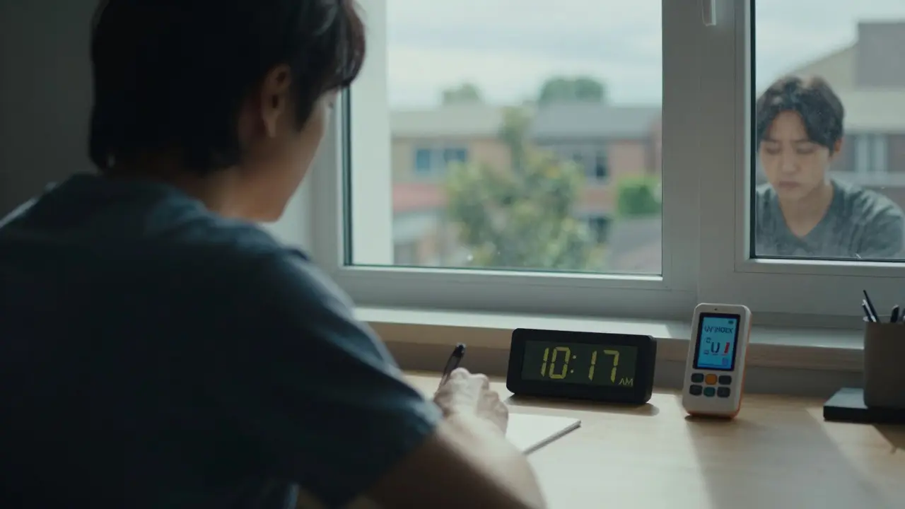 Osoba pracující u okna bez opalovacího krému, přestože sluneční světlo proniká do místnosti.