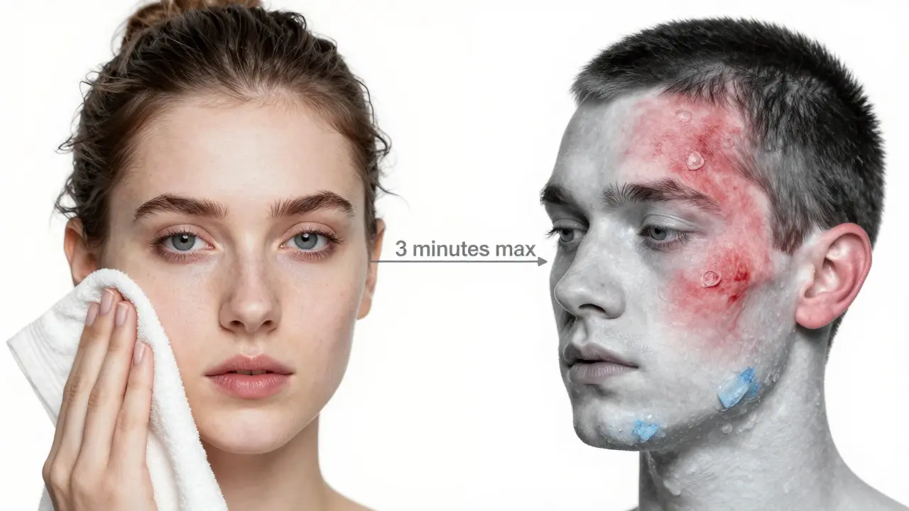 Porovnání zdravé a poškozené pleti po ledování s označením bezpečné doby.