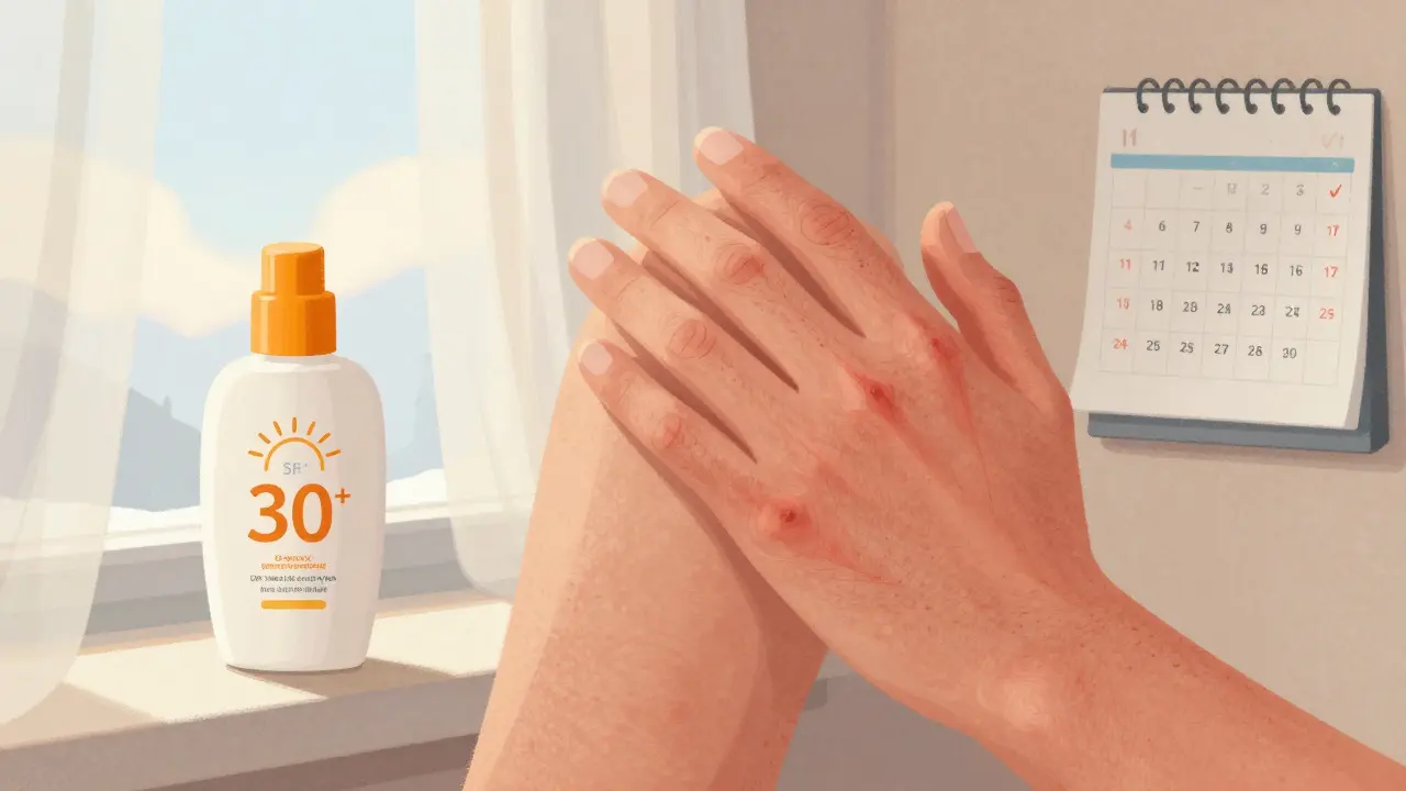 Poškozená pleť s červenáním a rozšířenými póry vedle aplikace denní ochrany SPF 30+.