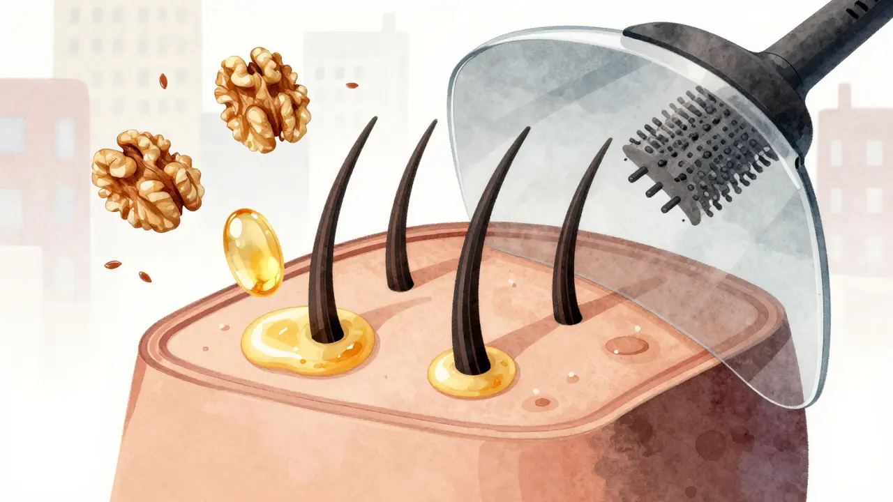 Příčný řez vlasové pokožky s aktivními folikuly a výživou bohatou na omega-3.