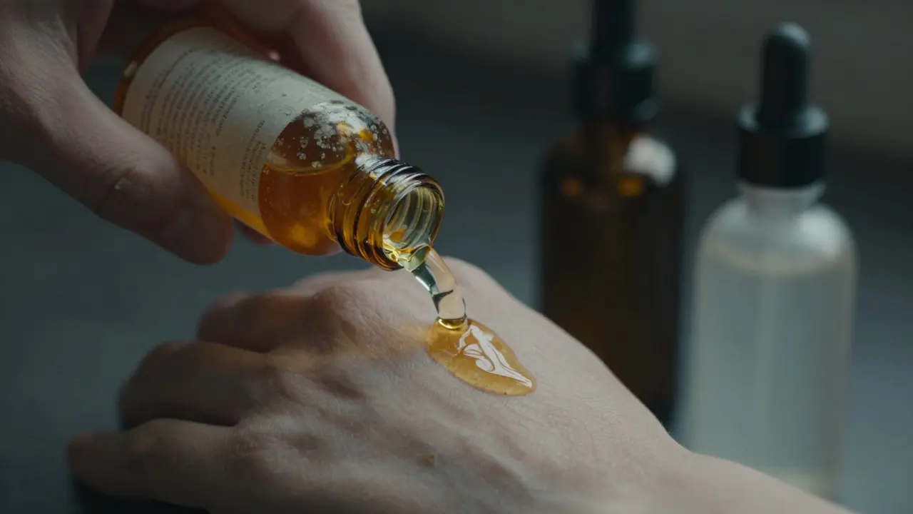 Ruka aplikující zkažené sérum s vitamínem C o barvě hnědé oproti čerstvému čistému séru.