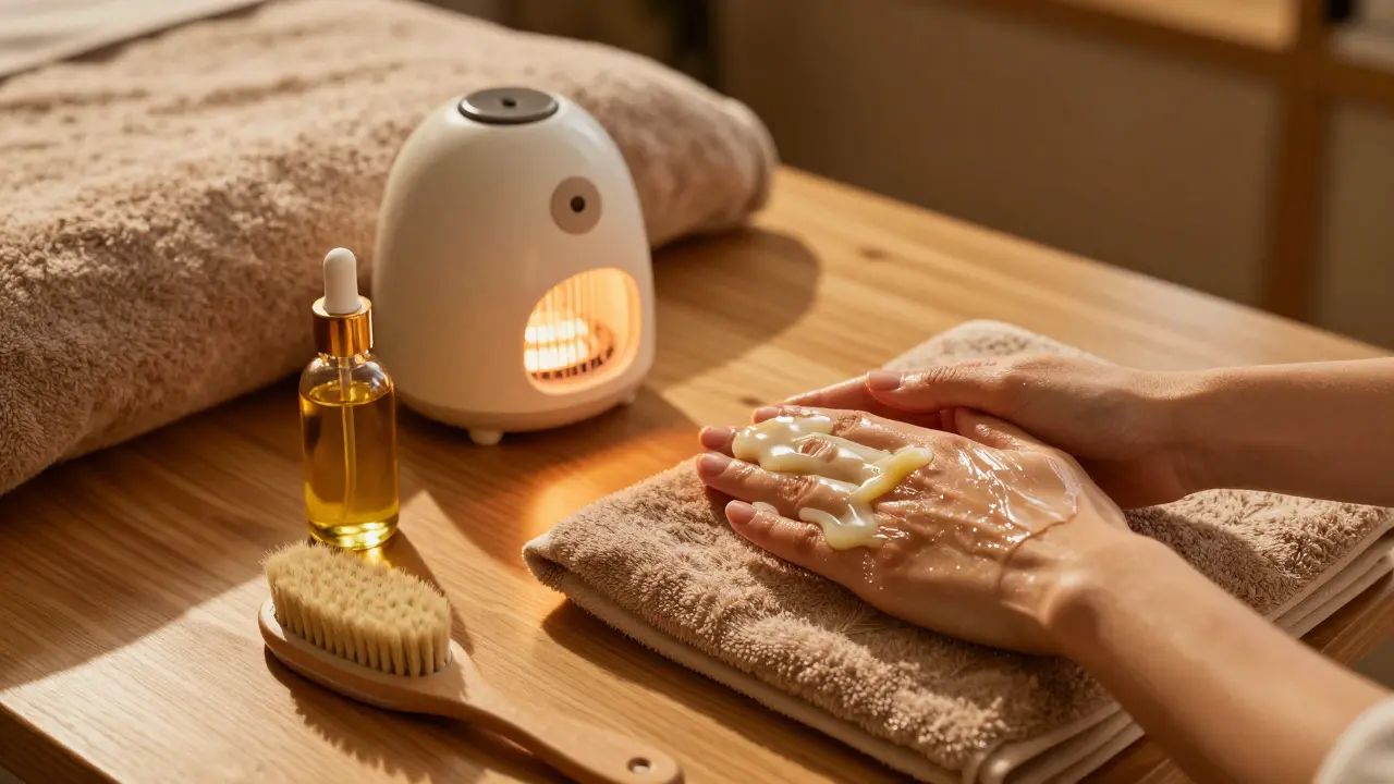 Ruka v parafínové maskě s masáží, teplé osvětlení a látky značící luxusní manikúru.