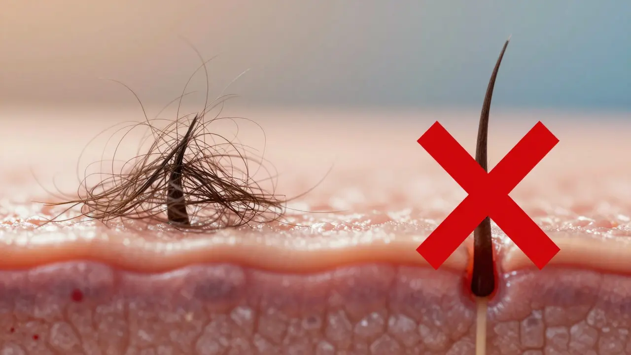 Srovnání dočasného odstranění vlasů a neovlivnění vlasového folikulu.