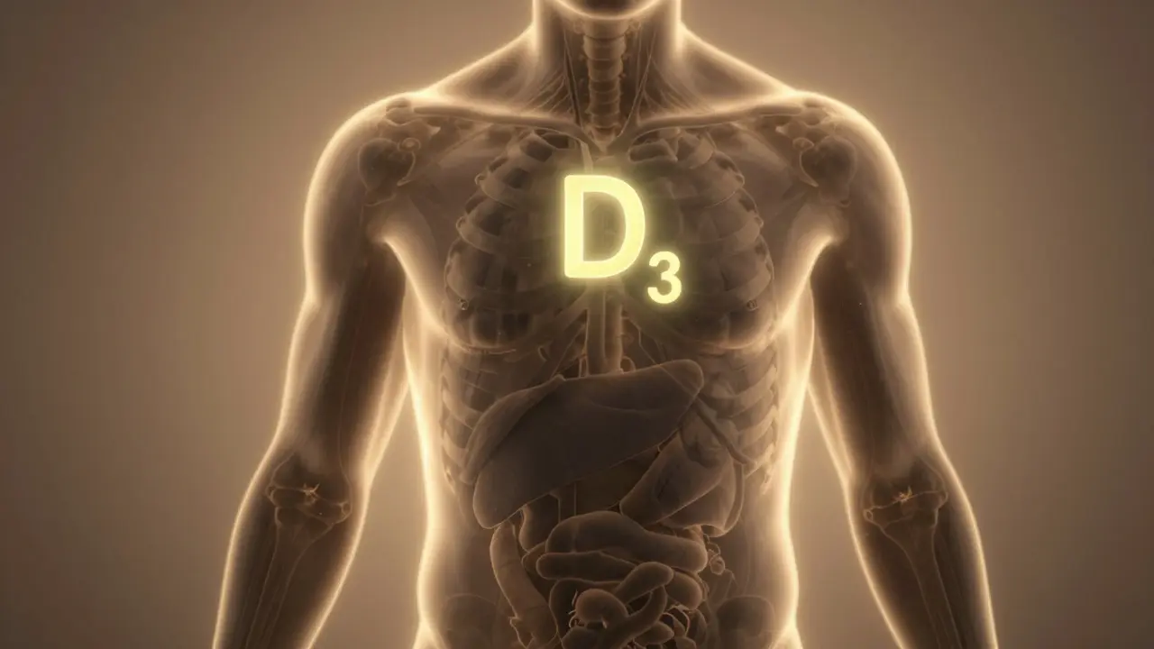 Tělo osvětlené zlatým světlem, s temnými oblastmi kolem kloubů a imunitních orgánů, nad ním plavoucí molekula D3.