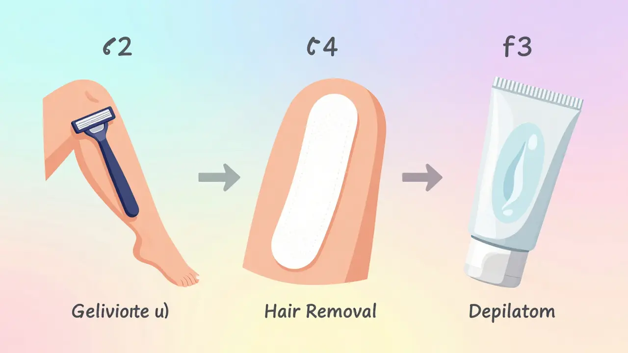 Tři metody depilace: britva, pás a krém, znázorněné vizuálně bez textu.