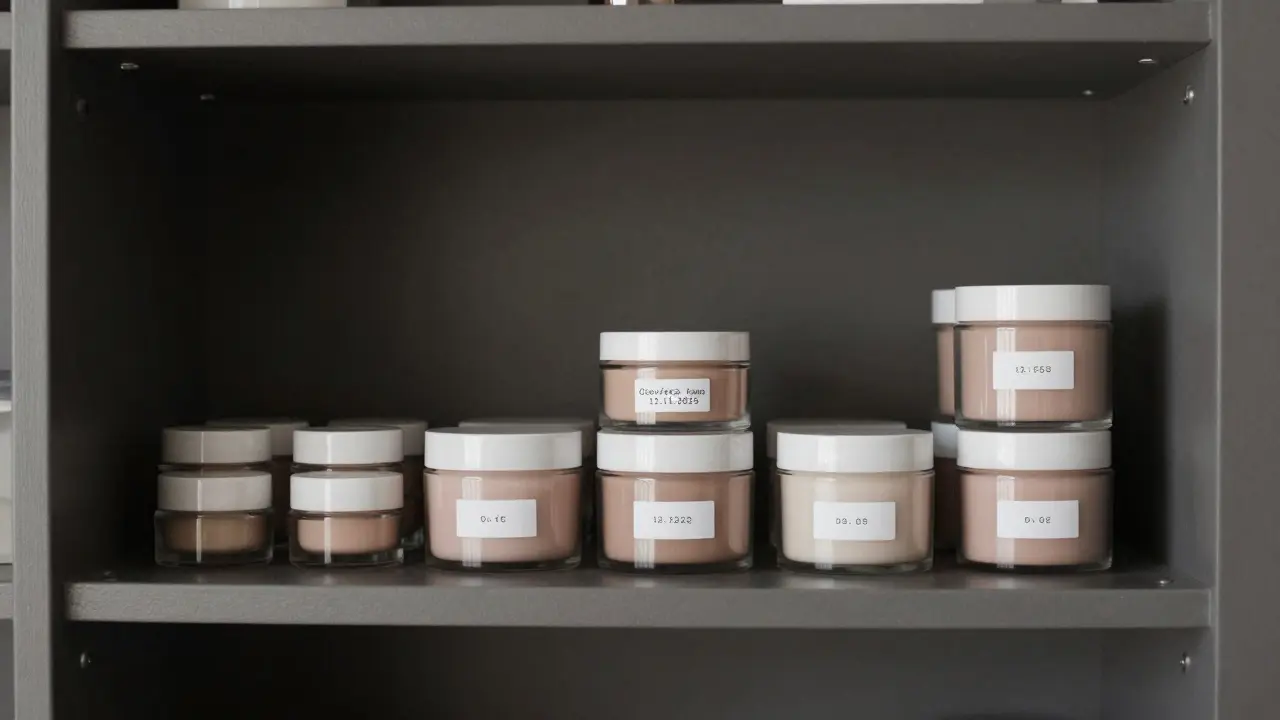 Uložené kosmetické produkty v tmavém, suchém šuplíku s přilepenými daty otevření.