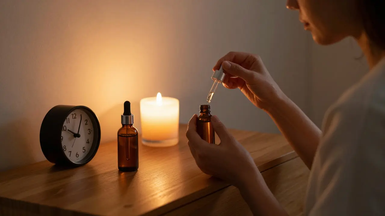 Večerní péče o pleť: retinol a hyaluronová kyselina aplikované v časovém intervalu při měkkém osvětlení.