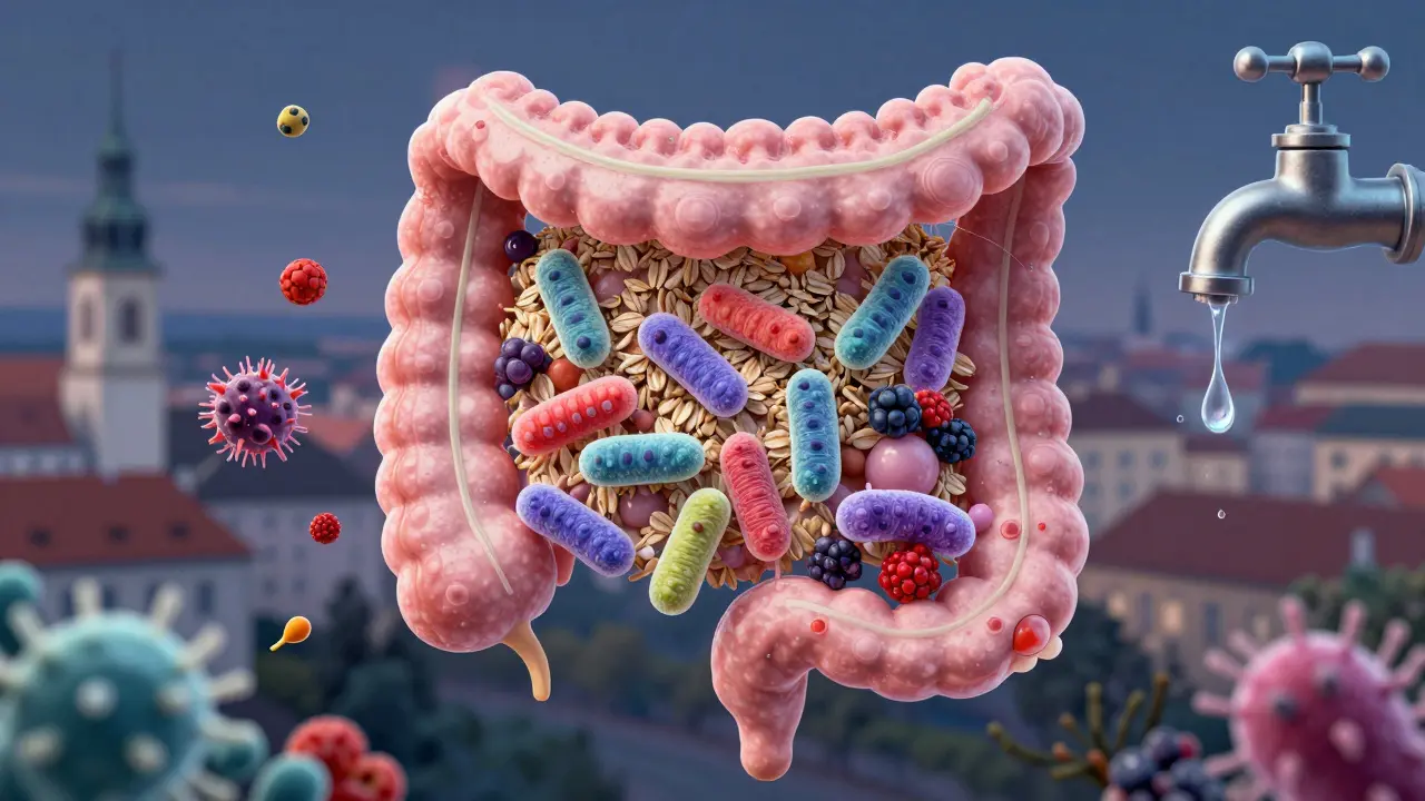 Vnitřní střevo s živými laktobacily živícími se vlákninou, zatímco škodlivé bakterie ustupují