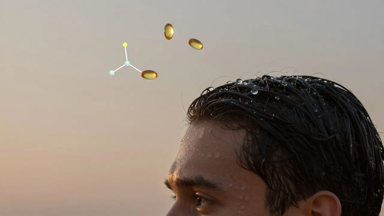 Vodní kapky se vstřebávají do vlasové pokožky, doprovázeny živinami jako omega-3 a vitamín E.