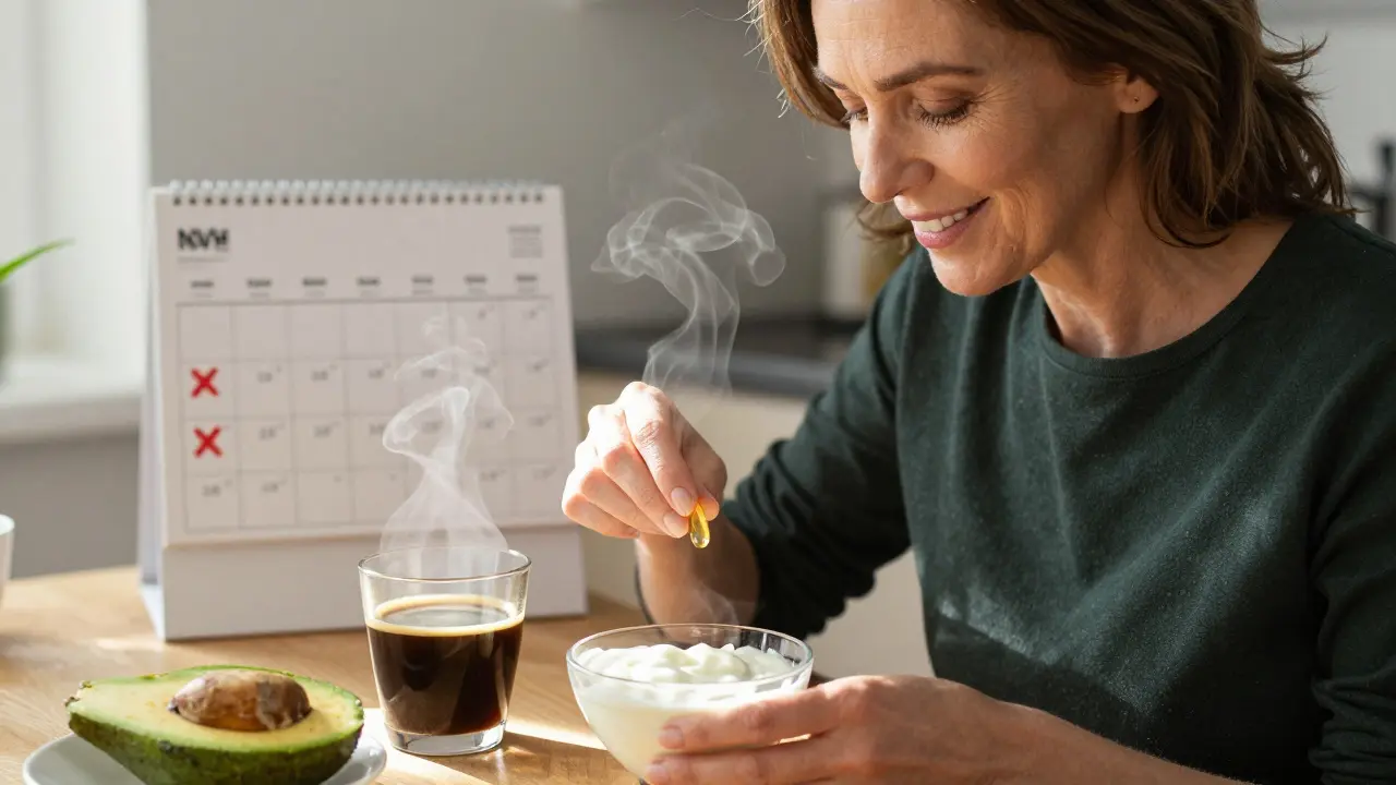 Žena bere vitamín D3 s jogurtem a avokádem, za ní kalendář s označenými zimními měsíci.