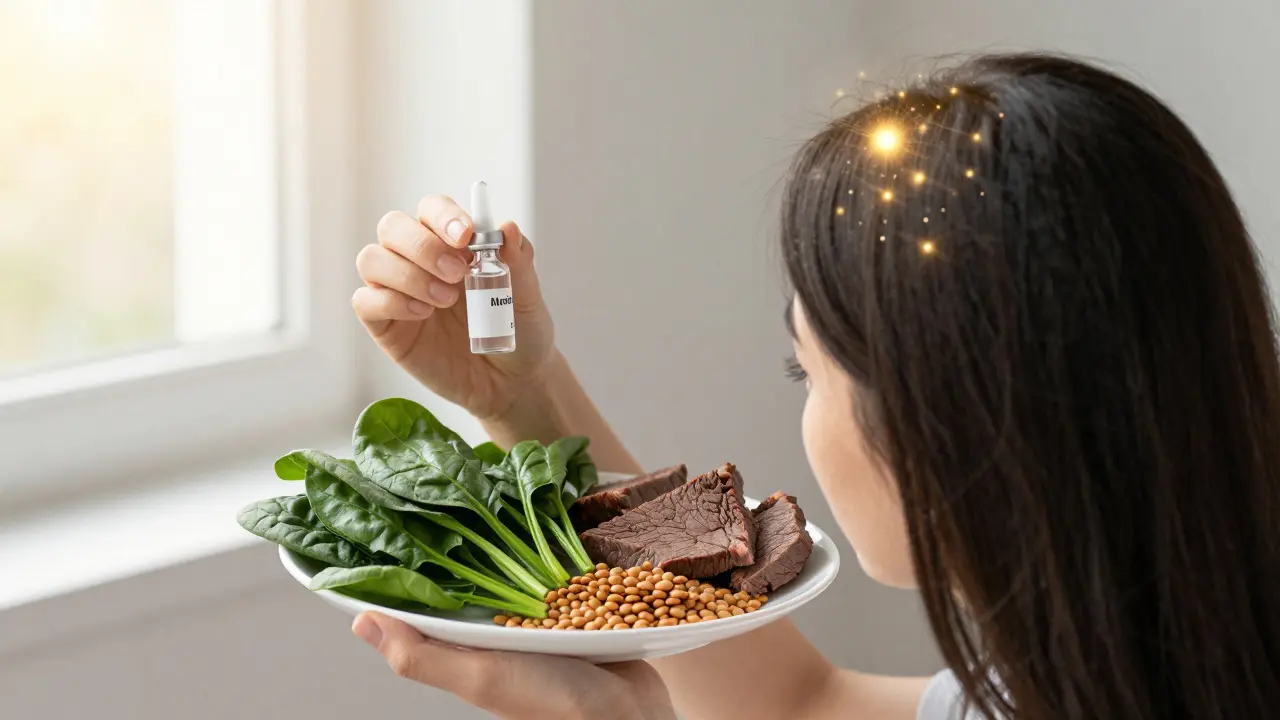 Žena drží minoxidil vedle jídel bohatých na železo, sluneční světlo osvětluje oblast hlavy.