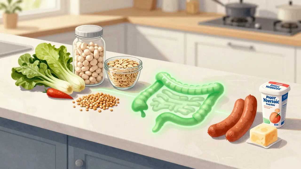 Čerstvé zeleniny a celozrnné potraviny vedle probiotik, symbolizující příznivé podmínky pro střevní mikroflóru.