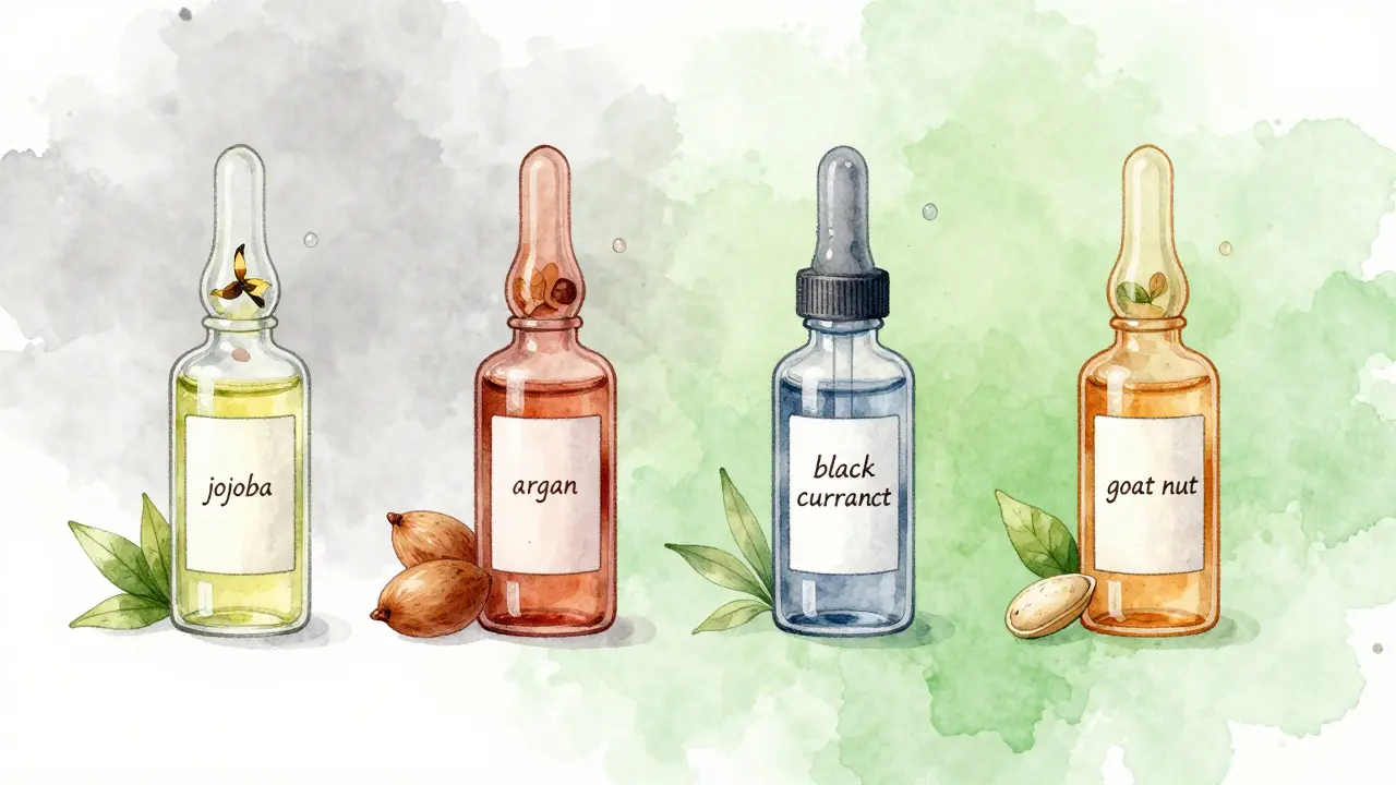 Čtyři lahvičky s různými oleji pro obličej na pastelovém pozadí.