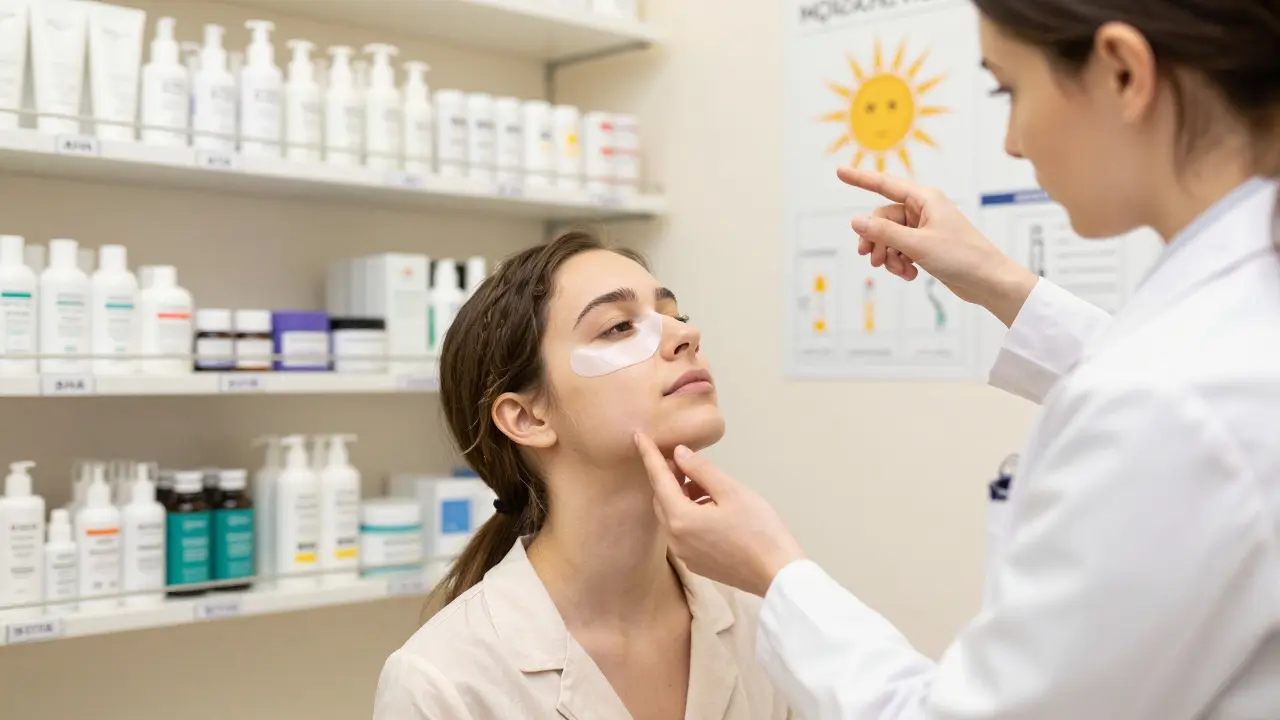 Dermatolog konzultuje pacientku o peelingu a ochraně před sluncem v klinice.