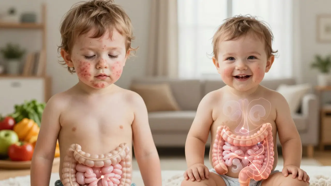 Dítě s ekzémem, které získalo úlevu po užívání laktobacilů matkou během těhotenství a kojení.