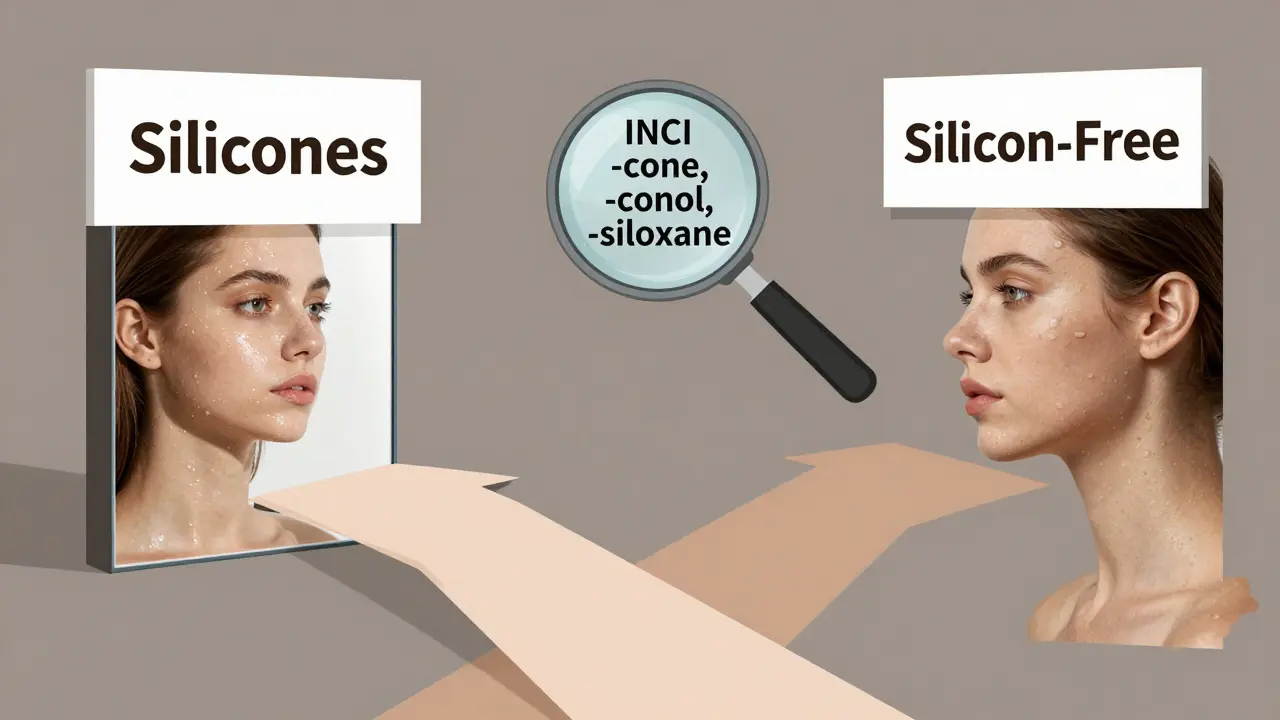 Dvě cesty od zrcadla: jedna s lesklou kůží a silikonem, druhá s matnou kůží bez silikonu.