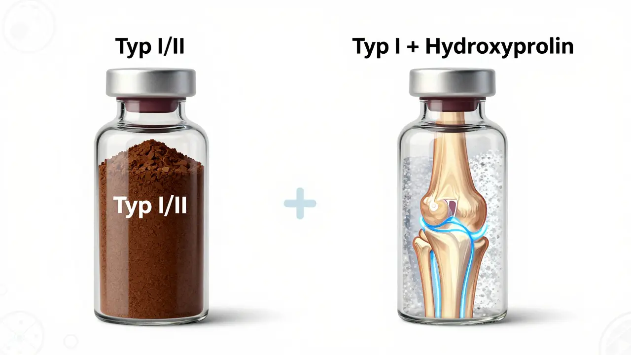 Dvě skleněné nádoby s kolagenem: hovězí a rybí, s diagramem kloubu a regenerací chrupavky.