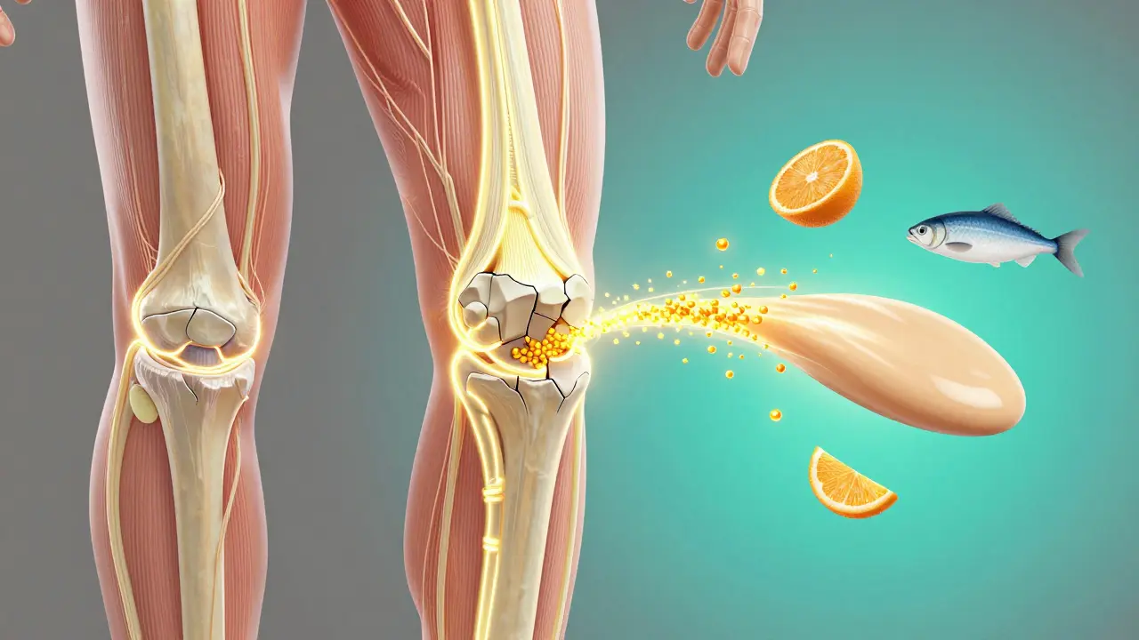 Kolagenová vlákna obnovují kůži a klouby, doprovázená živinami jako vitamín C, vývar a ryby.