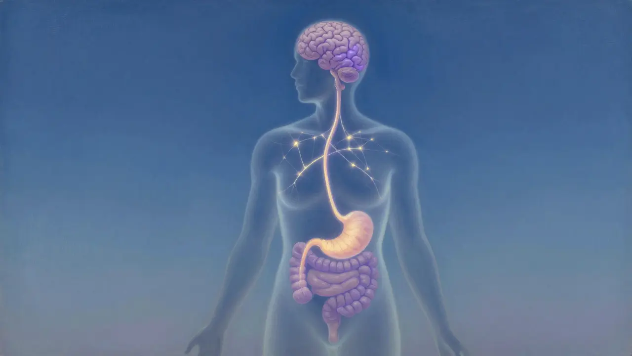 Koncept spojení střev a mozku s abstraktními svitky nervů.