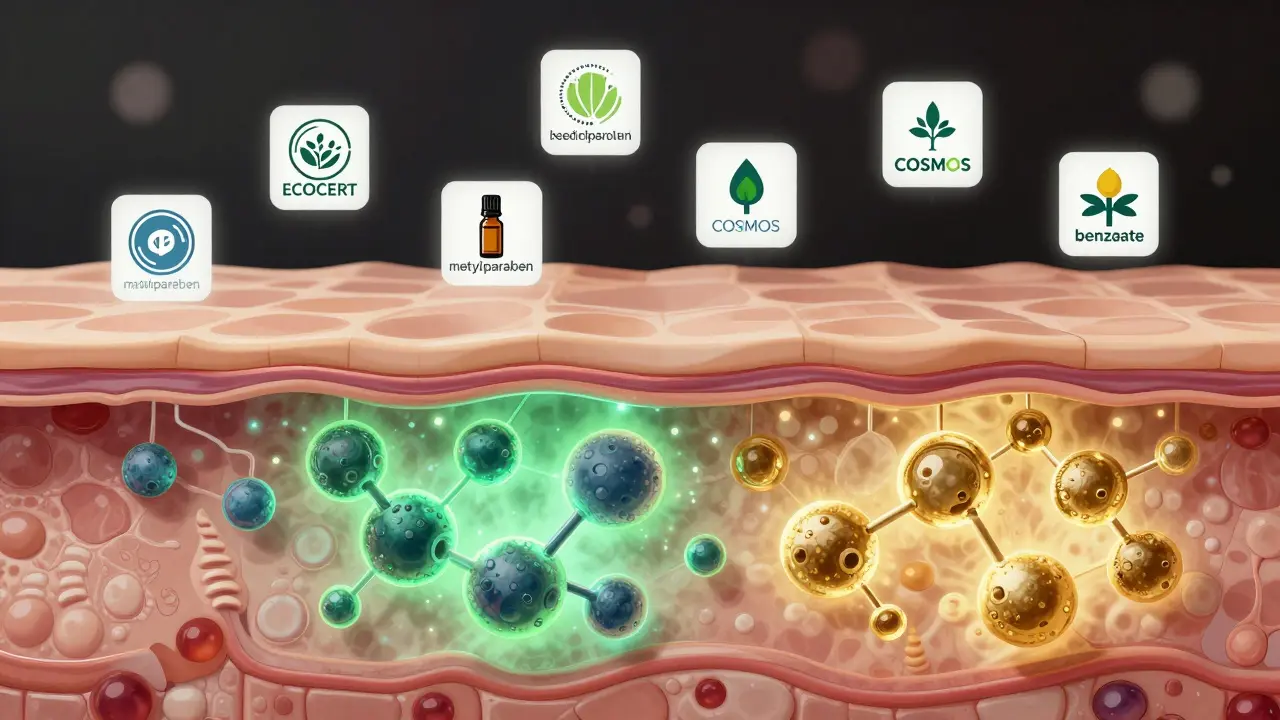Křížový řez kůže s parabeny pronikajícími do pokožky, kontrastující s přírodními alternativami.
