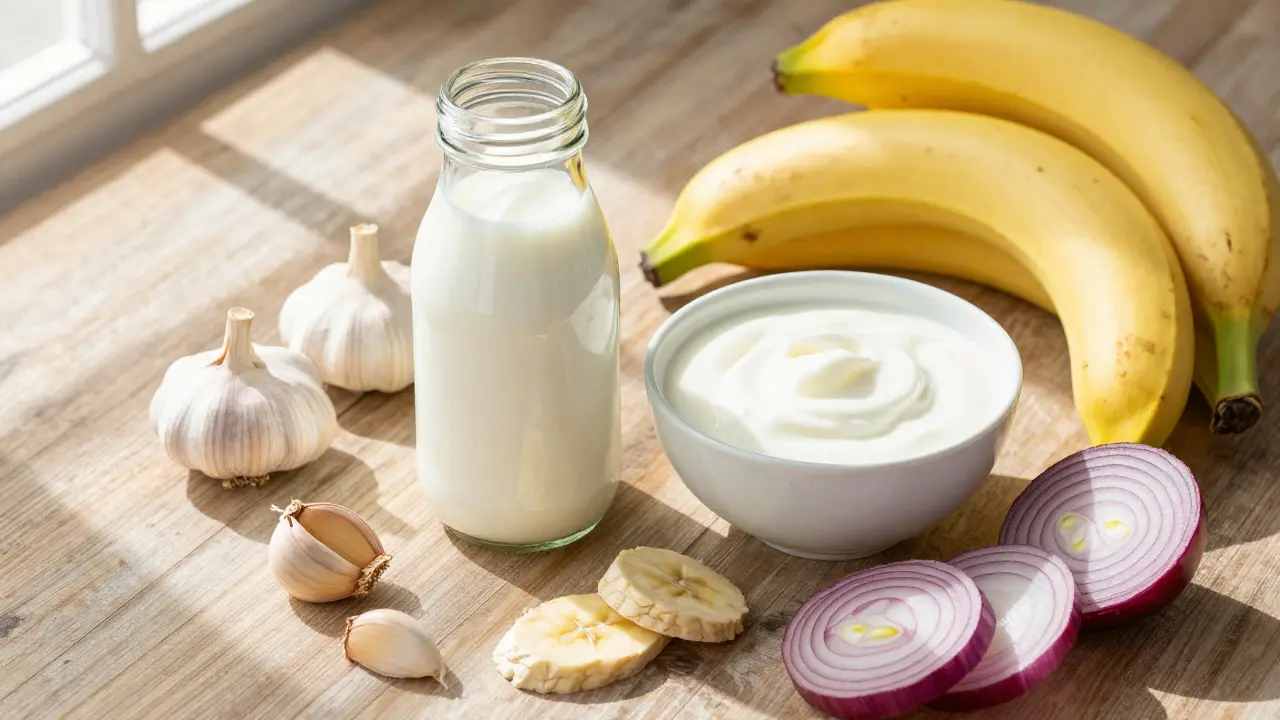 Pohled shora na zdravé potraviny kefír, ovoce a zeleninu na stole.