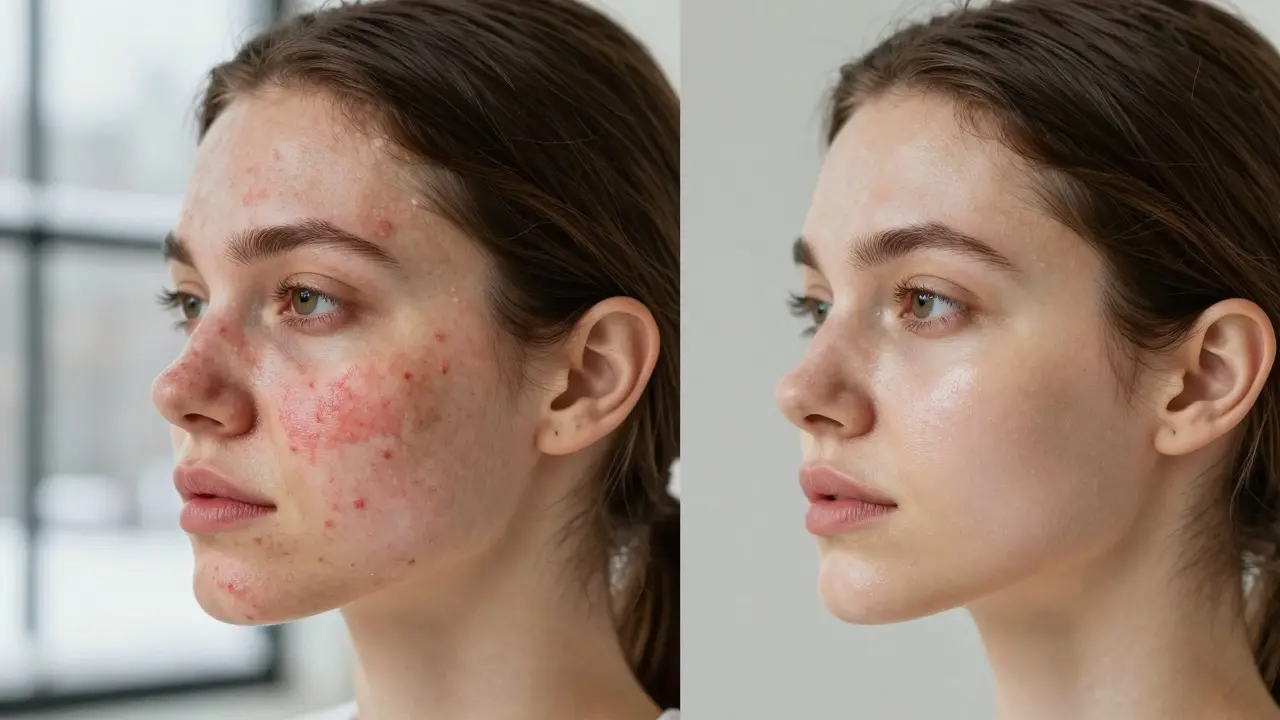 Porovnání poškozené pleti s akné a hladké, zářivé pleti po správném peelingu.