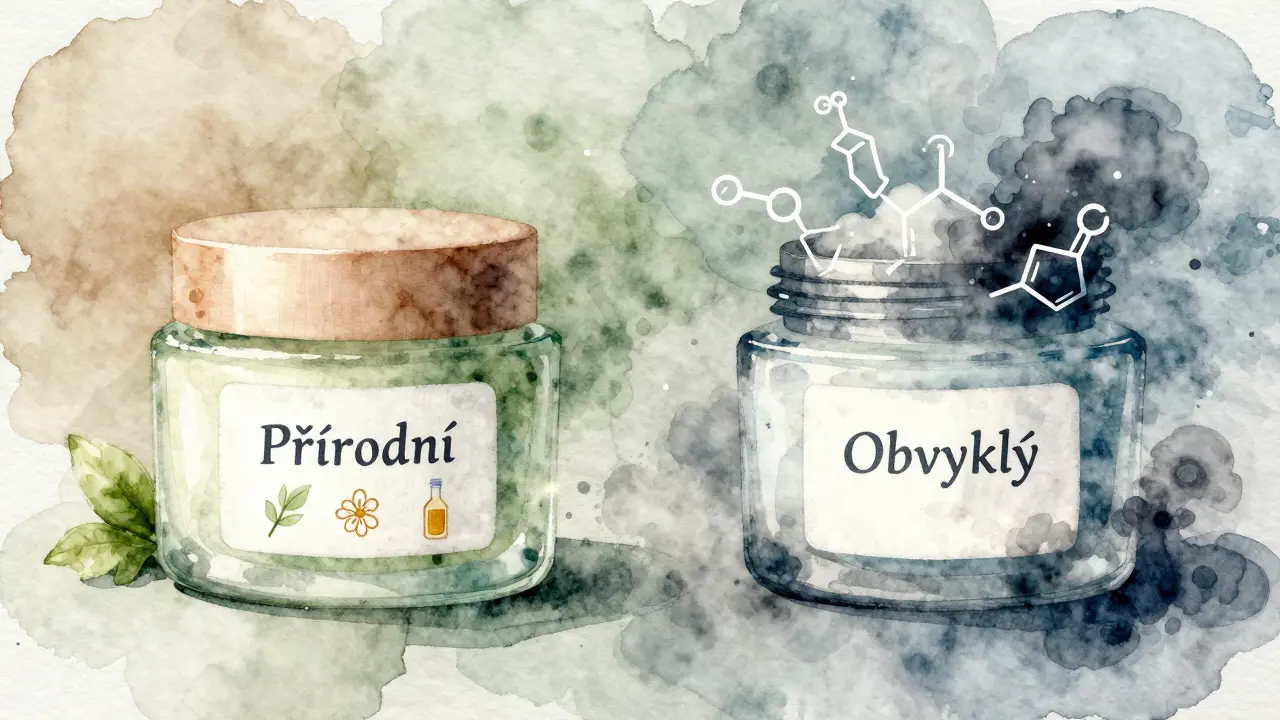 Porovnání přírodní kosmetiky a syntetické kosmetiky pomocí symbolů rostlin a chemických látek.