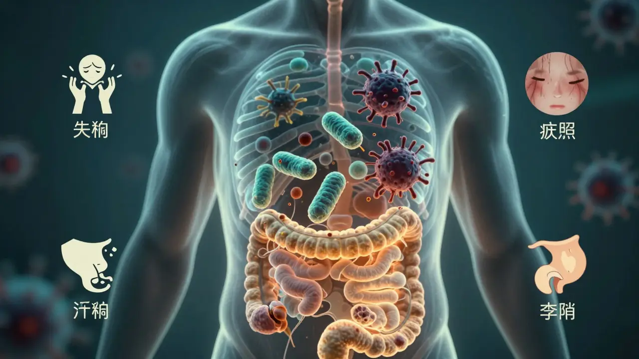 Průhledný obraz lidského těla s třešňově zářivými probiotickými bakteriemi v střevech, které odporují škodlivým patogenům.