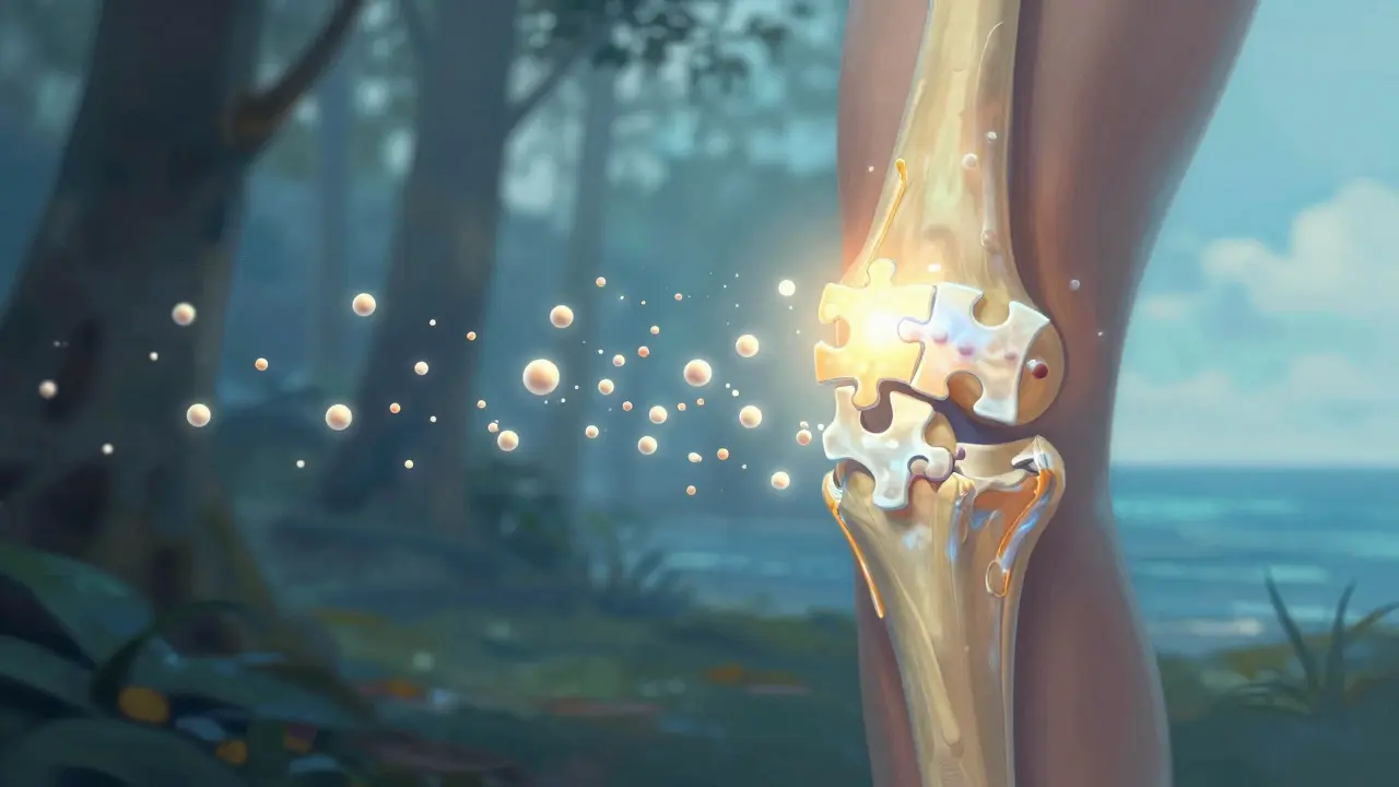 Regenerace kloubní chrupavky pod vlivem molekul rybího kolagenu, sestavující se jako skládačka.