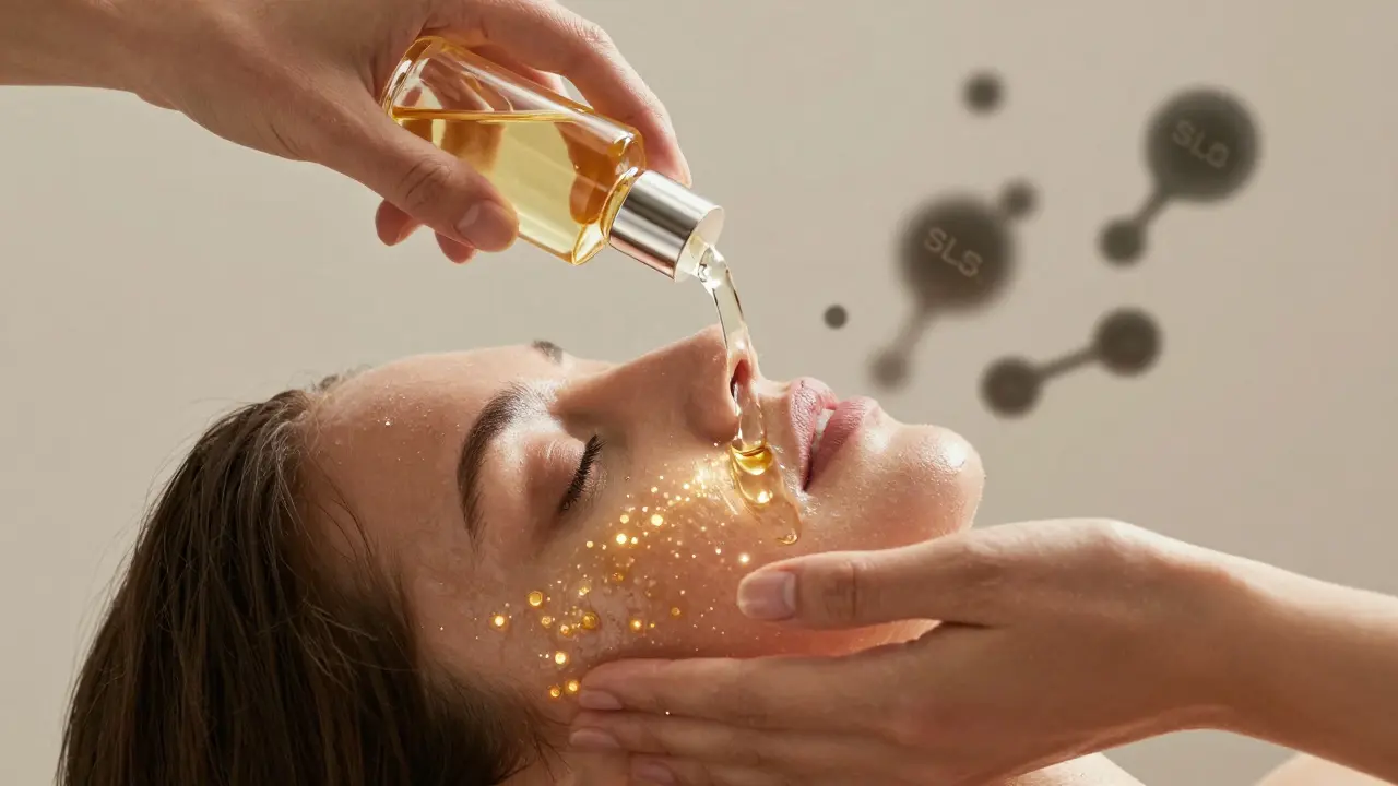Ruka aplikuje přírodní čistící olej na kůži, zatímco chemické látky mizí.
