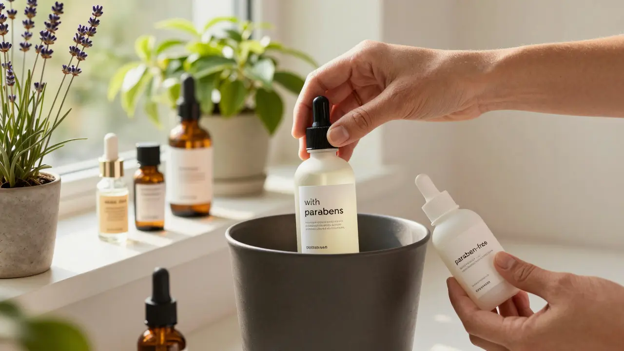 Ruka odkládá produkt s parabeny do koše, zatímco jiná vkládá bezparabénovou kosmetiku do čistého prostoru.