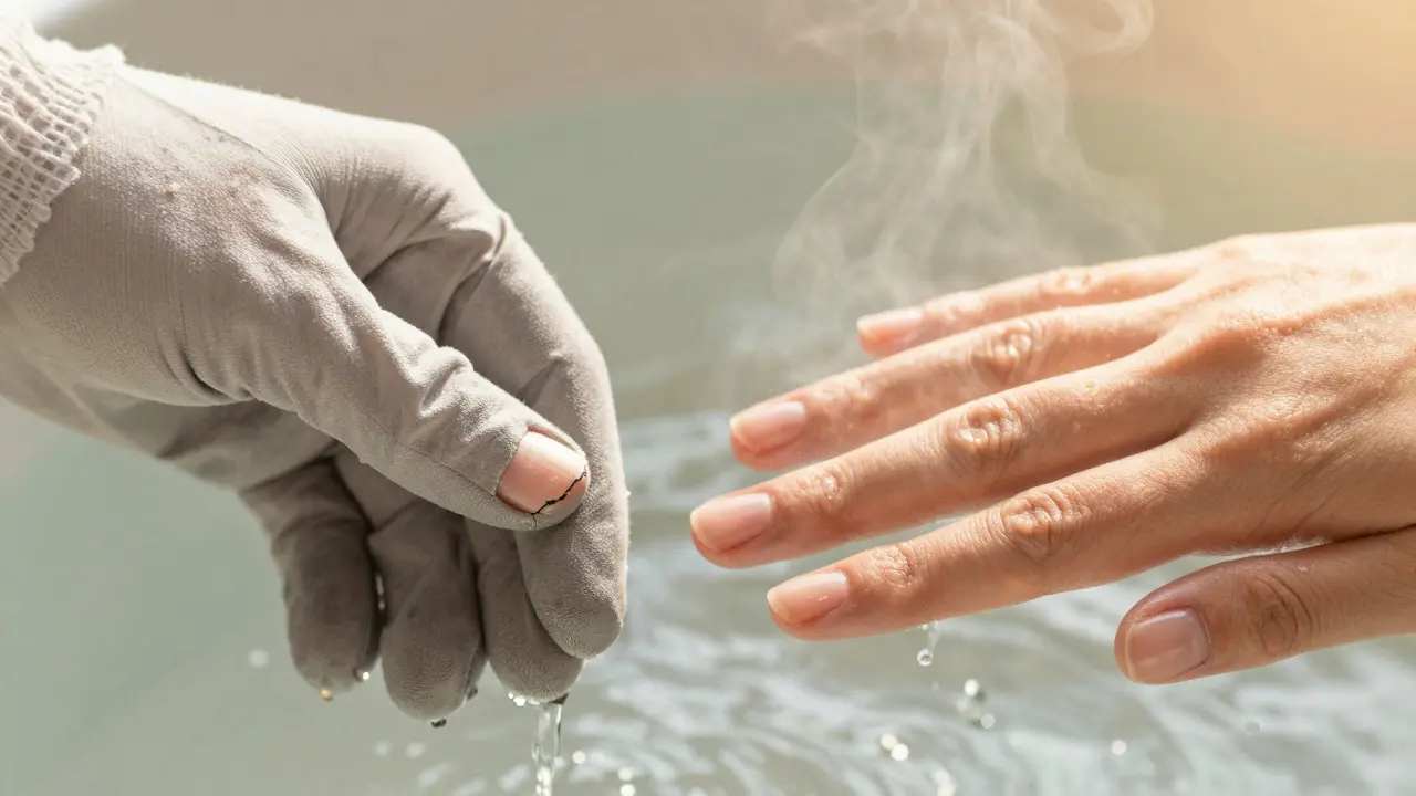 Ruka v zimě s poškozenými nehty a stejná ruka v létě s silnými, leskoucími nehty