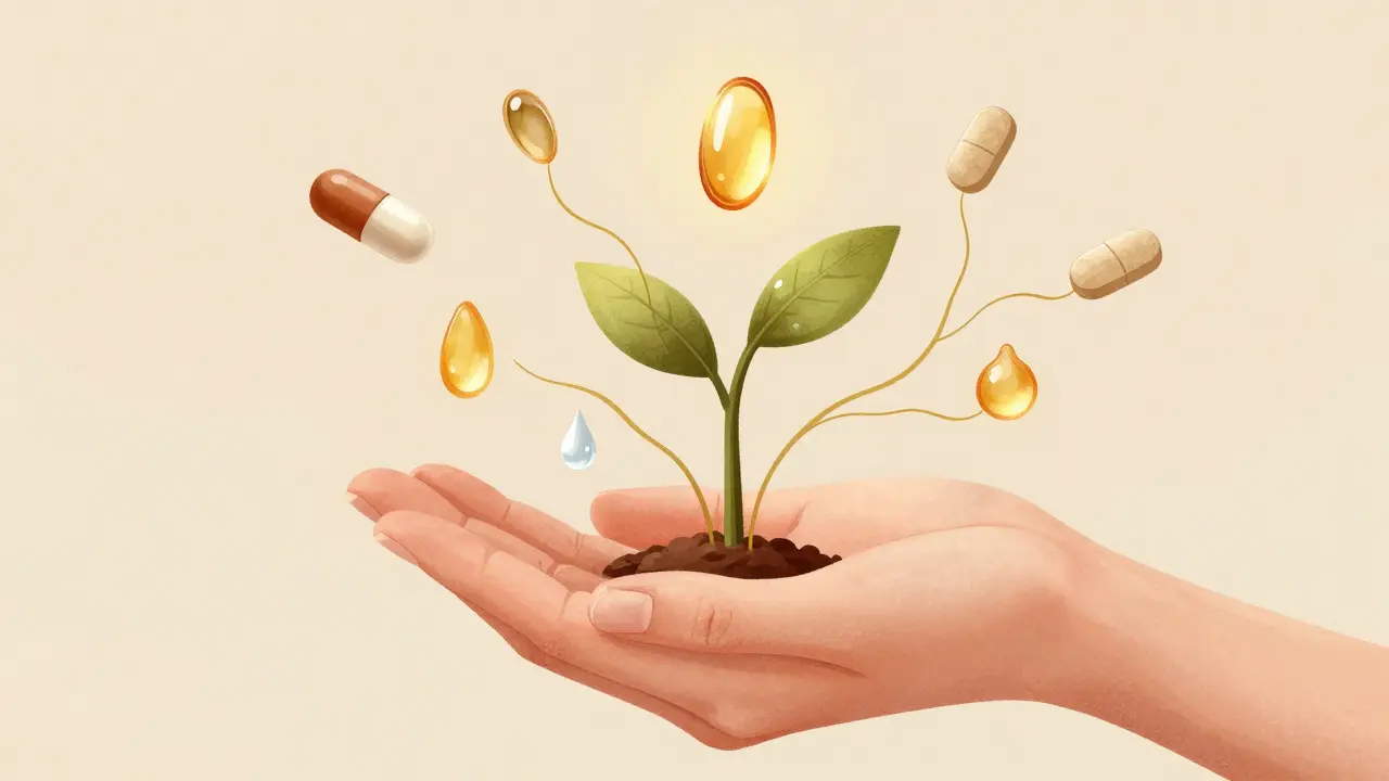 Ruky s nehty, které rostou jako rostliny, okolo nich živiny jako biotin a zinek