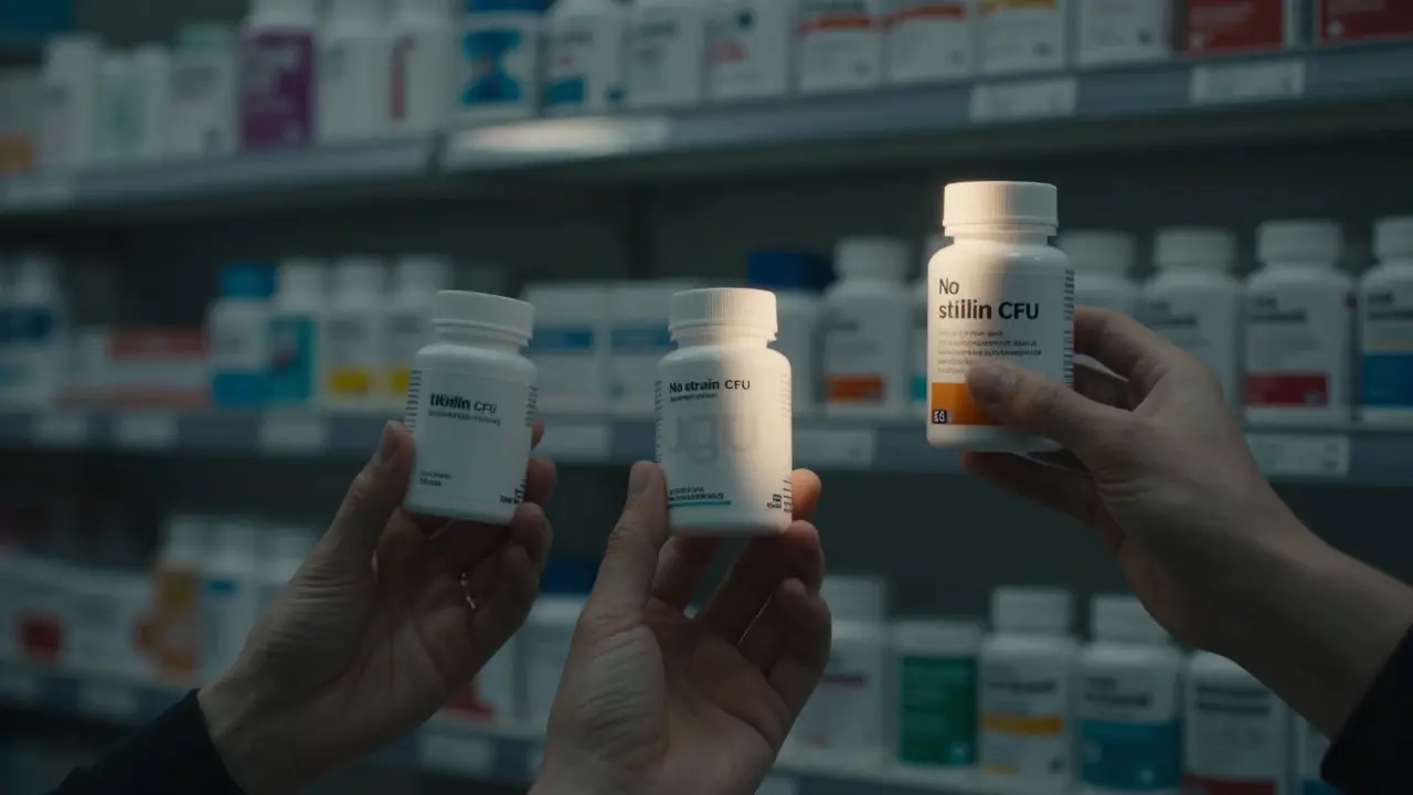 Tři láhve probiotik na polici: jedna bez názvů štěpů, jedna s nejasným CFU, třetí s přesnými údaji a EU certifikací.