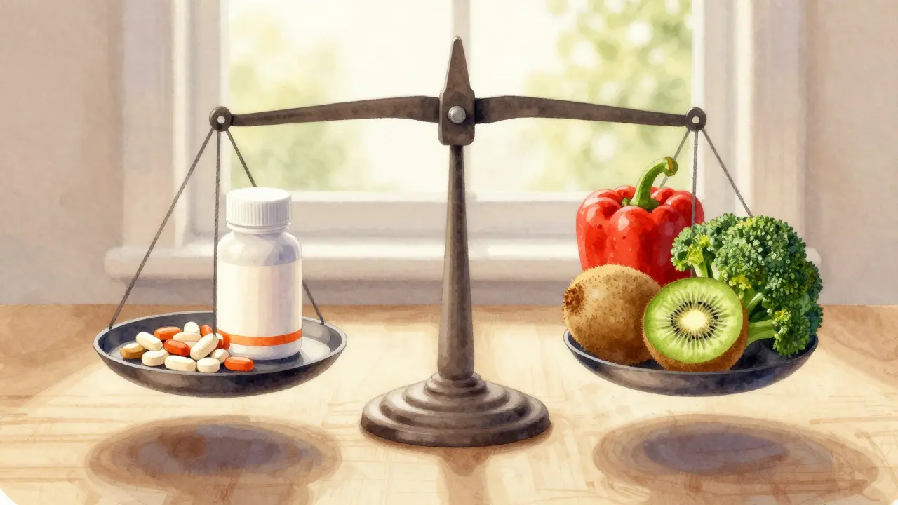 Váha s tabletkami vitamínu C na jedné straně a čerstvou zeleninou na druhé.