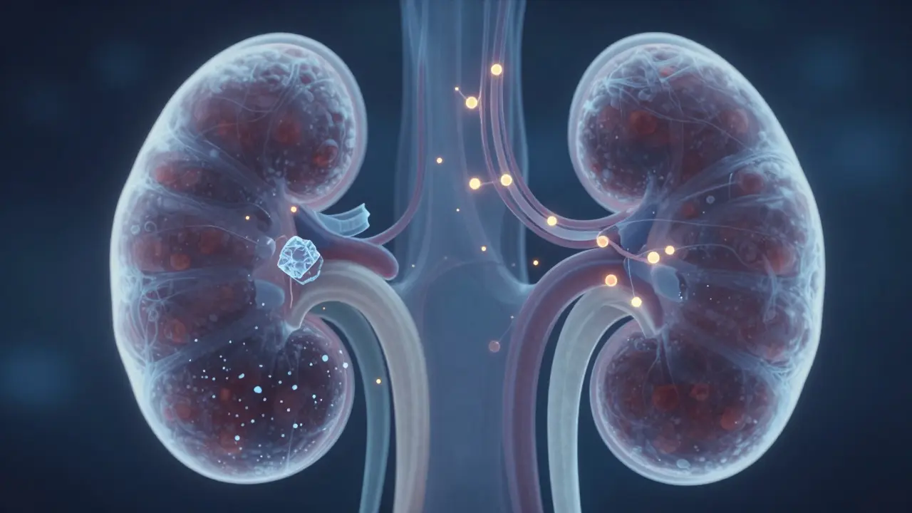 Vnitřní pohled na ledviny s kameny vytvořenými z oxalátů z přebytku vitamínu C.