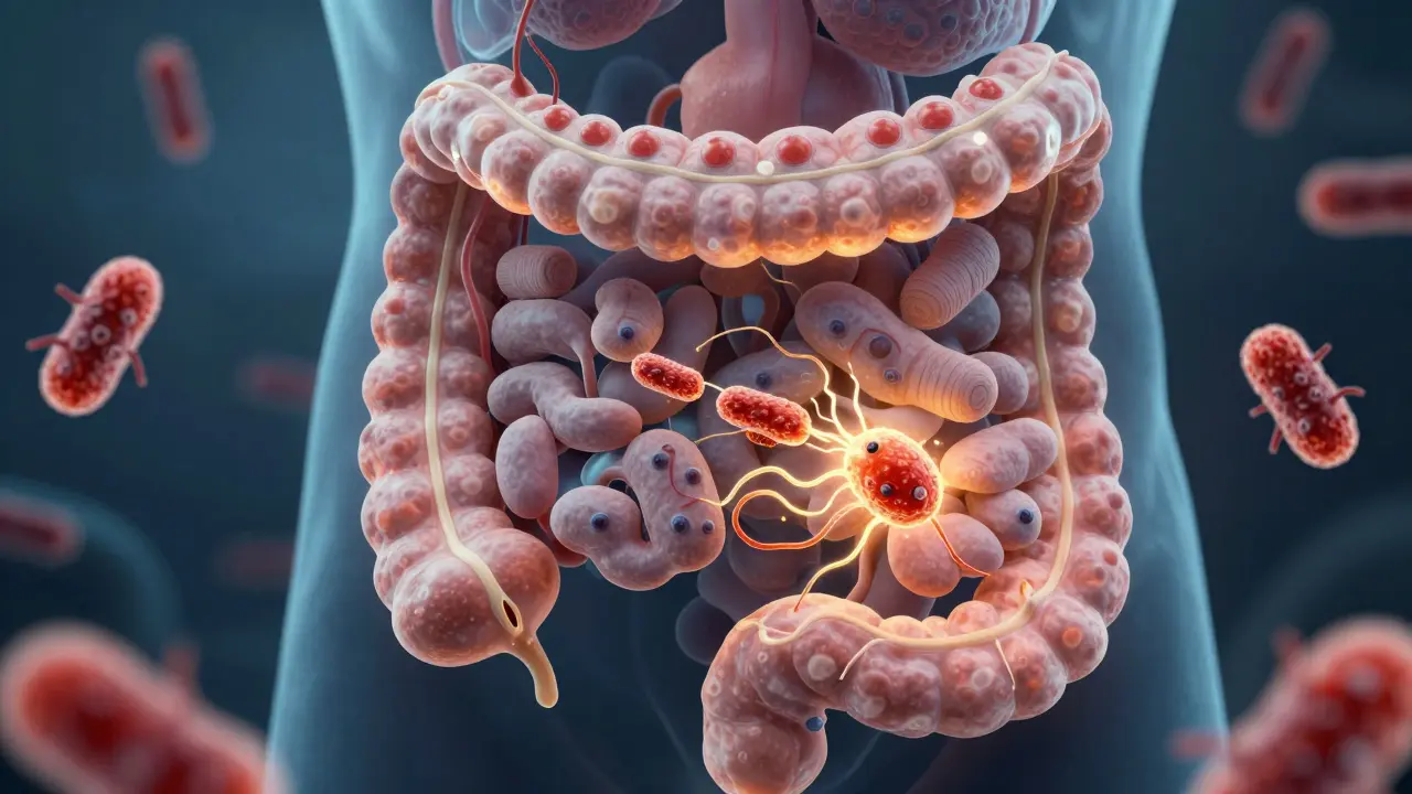 Vnitřní trávicí trakt jako ekosystém s prospěšnými bakteriemi živými vlákninou, bojujícími proti škodlivým mikroorganismům.