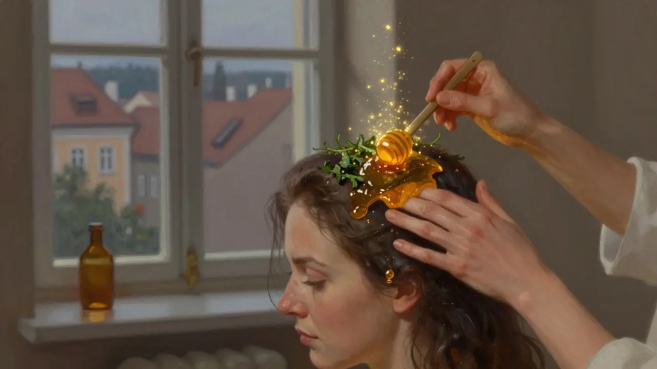 Žena aplikuje pastu z řeřichy a medu na kůži hlavy s jemným zářivým efektem.