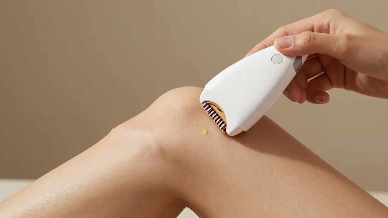 Žena používá čistý epilátor na suchou kůži nohy s kapkou arganového oleje.