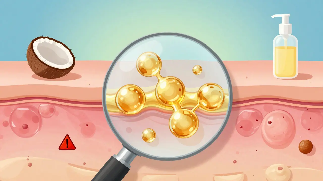 Zvětšený řez kůží s vstřebáváním oleje a porovnáním zdravých a zablokovaných pórů.