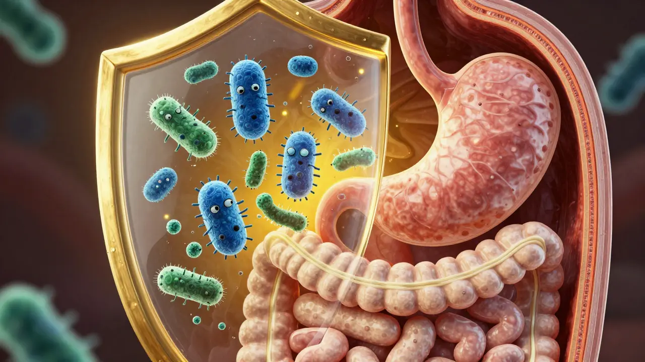3D ilustrace probiotik procházejících kyselým prostředím žaludku.