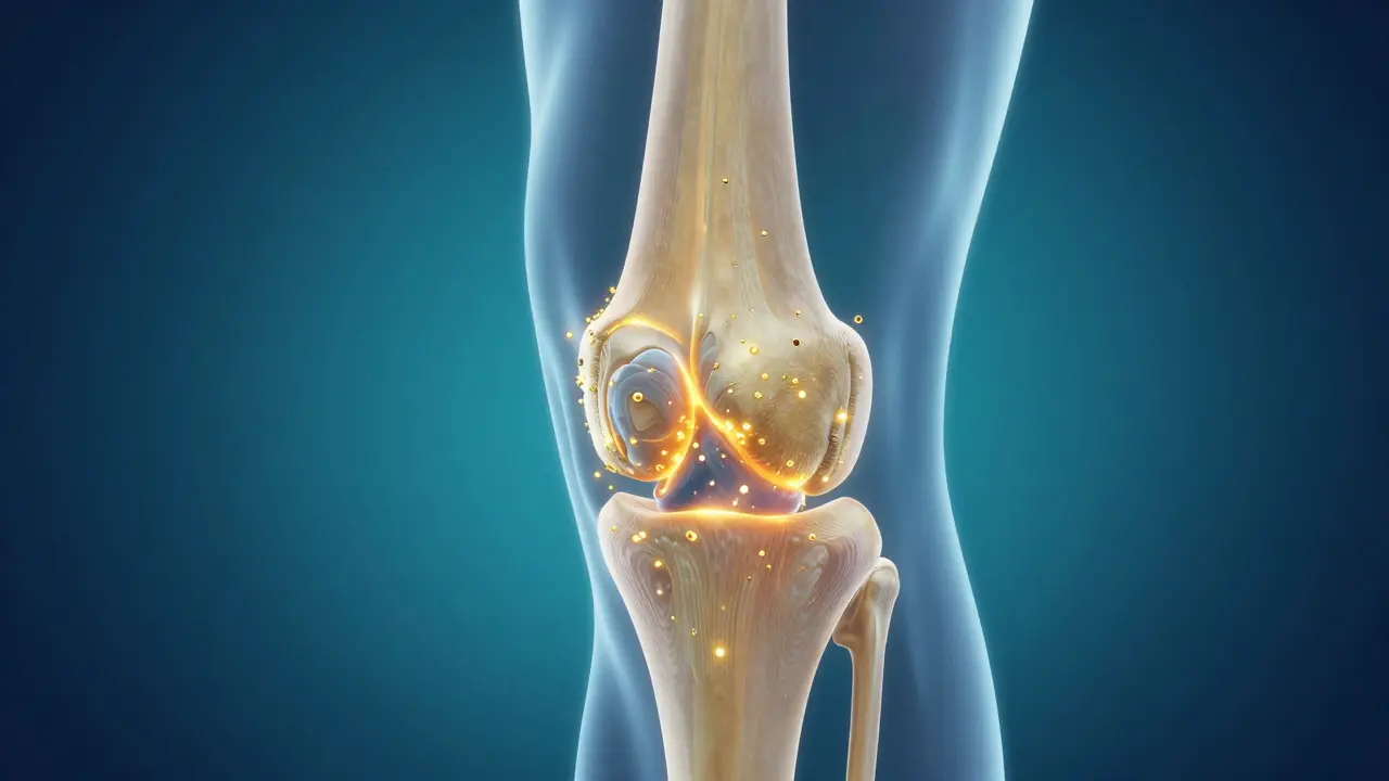 3D vizualizace kolenního kloubu s proudem regeneračních živin.