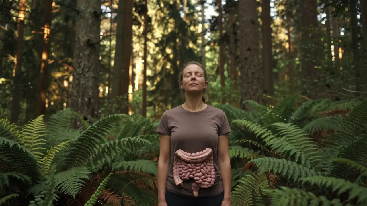 Člověk meditující v lese pro zklidnění stresu a podporu trávení.