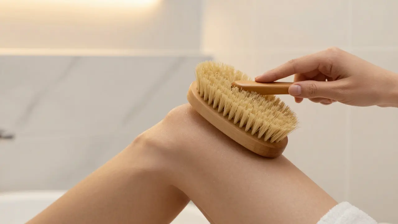 Detail kůže s přírodním kartáčem pro suché kartáčování v minimalistické koupelně.