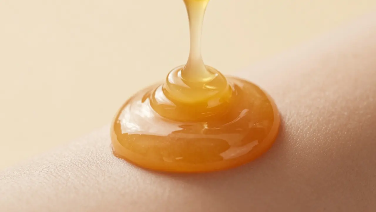 Detail zlatavé cukrové pasty pro šetrnou depilaci pokožky.