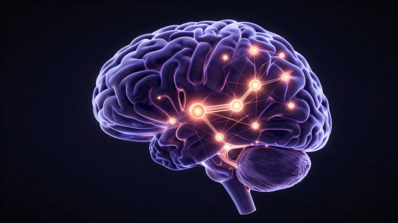 Holografické zobrazení mozku s vyznačenými dopaminovými receptory.