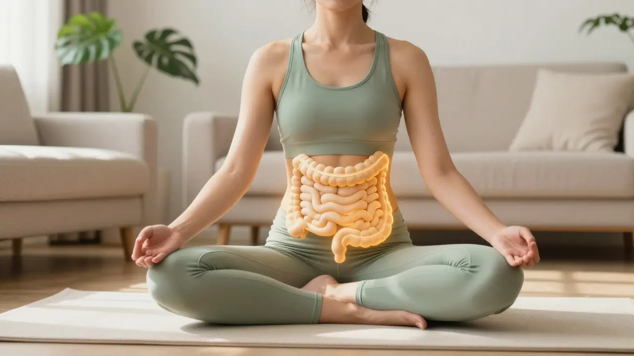 Klidná osoba v meditační poloze s jemným zlatým světlem v oblasti břicha.