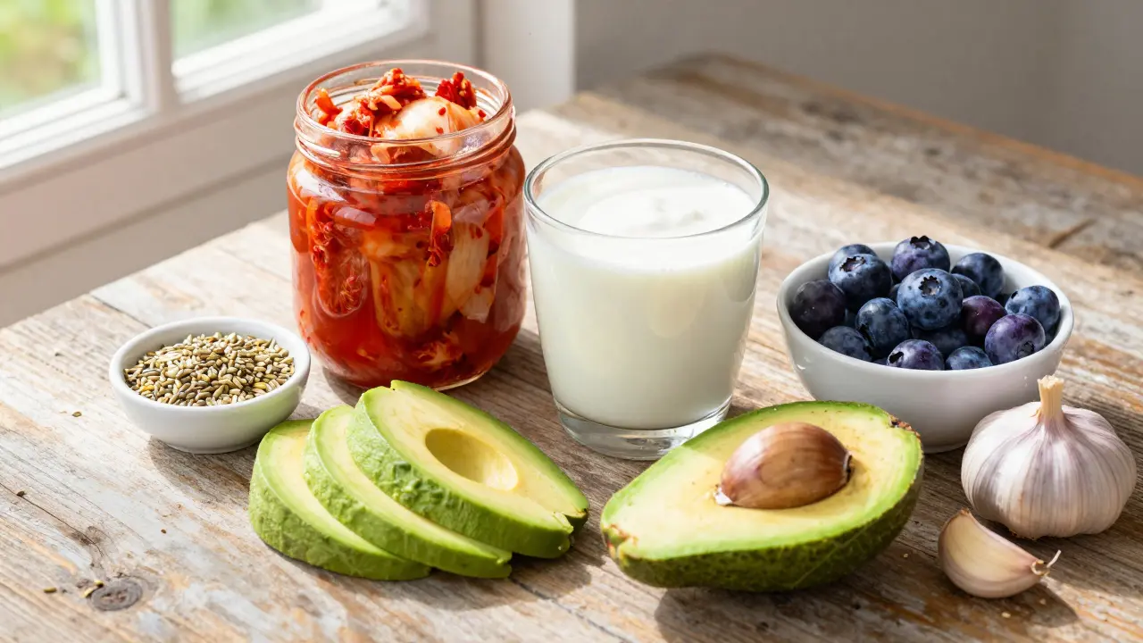 Kolaž zdravých potravin pro střeva, včetně kimchi, kefiru, borůvek a avokáda.