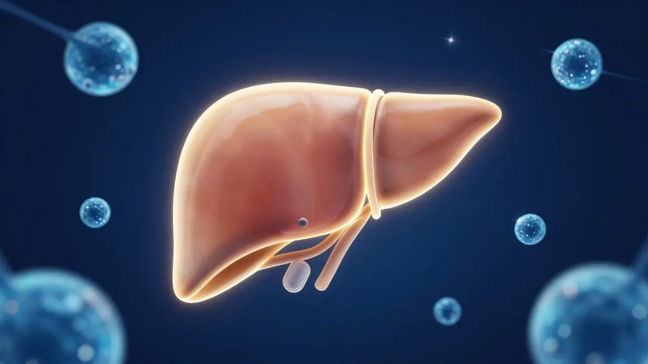 Konceptuální ilustrace jater s čistícími molekulami vody a antioxidanty.