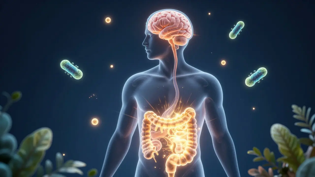 Konceptuální obraz znázornující spojení zdravého střeva a jasné mysli.